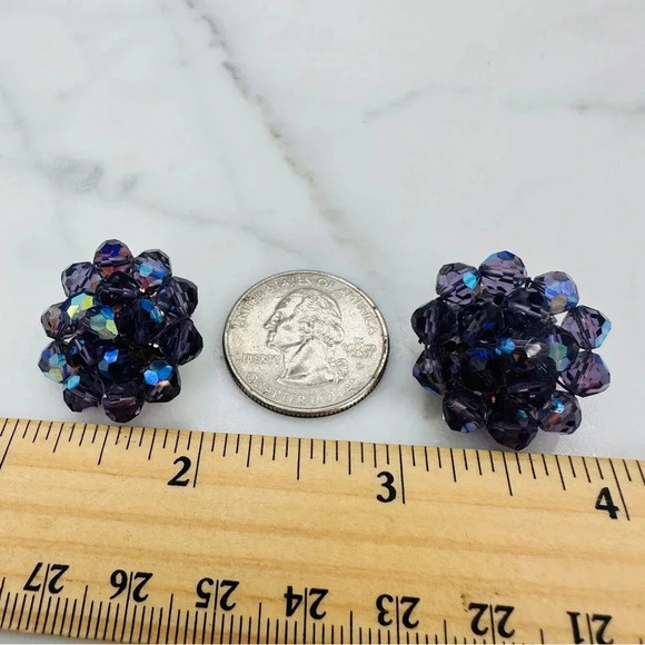 Vintage Purple Cluster Glass Bead Earrings Clip On Aurora Borealis Iridescent - Picture 7 of 9